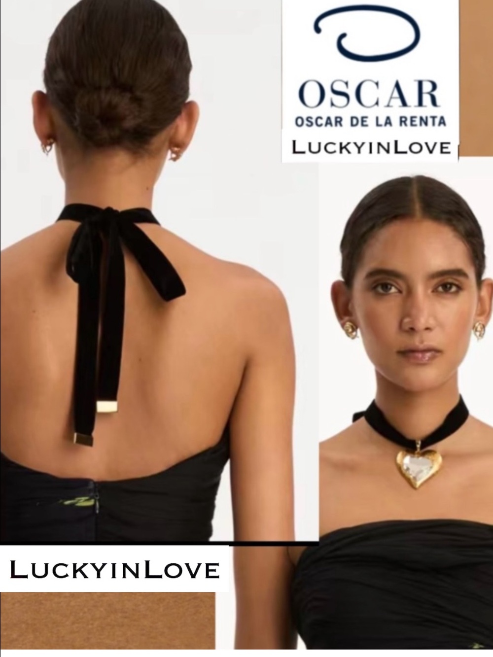 Oscar de la Renta • oversized”diamond“ heart stone black velvet necklace